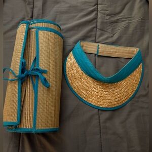 Teal and Tan bamboo Visor and suntanning mat.